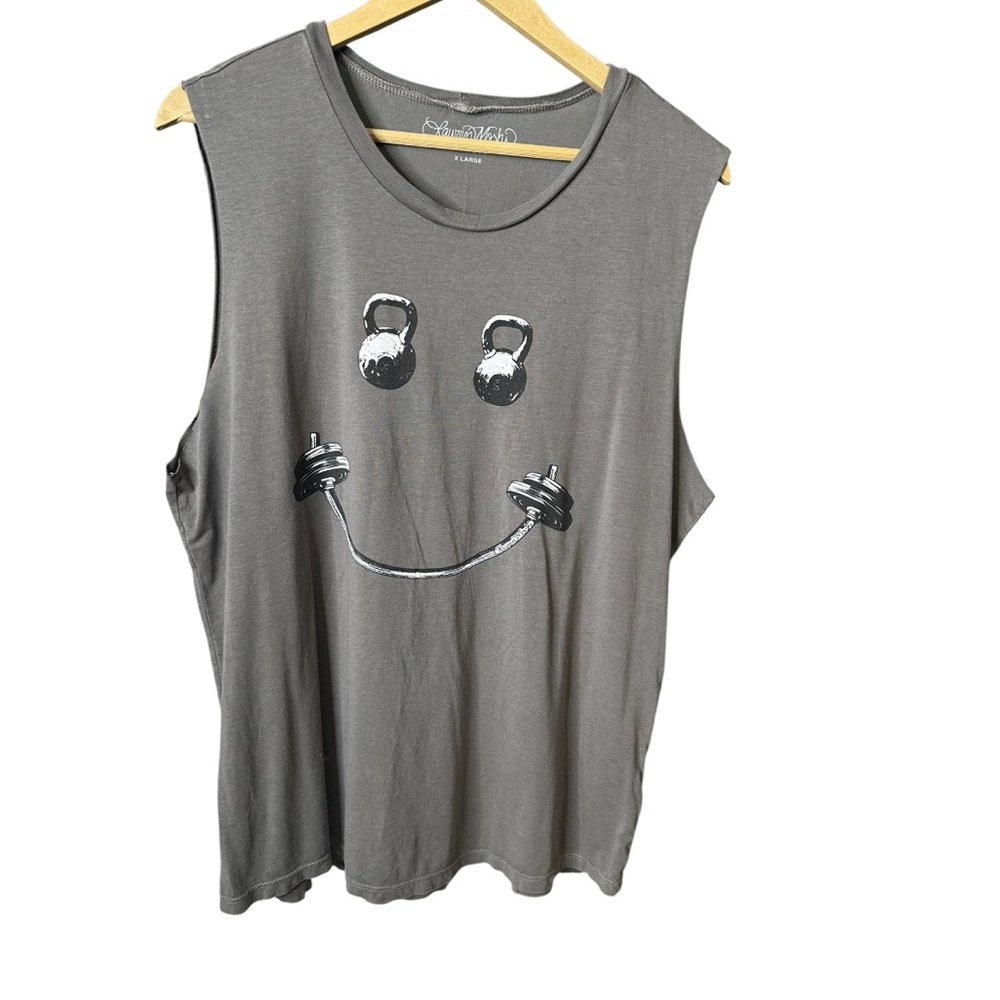 Lauren Moshi | Gray Barbell Happy Face Graphic Muscle Tank | XL - Picture 3 of 6